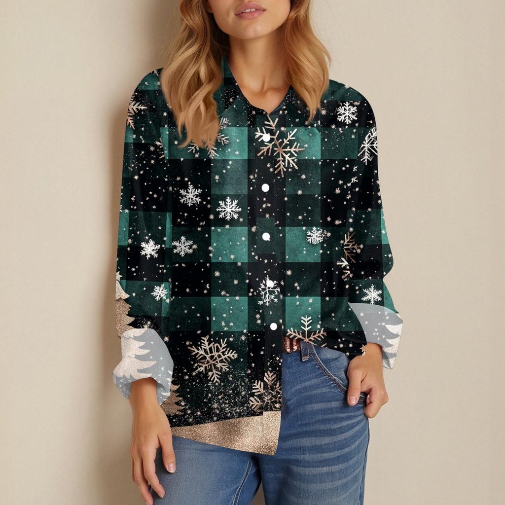 Skjortebluse for kvinner Juletrykkknapp Langermet Casual Basic skjortekrage Vanlig topp
