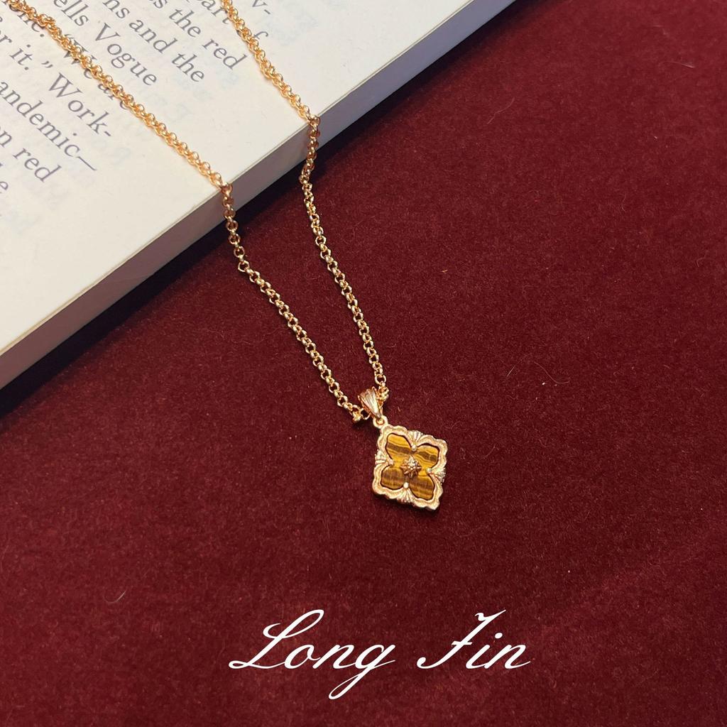 Französische Retro-Fenstergitter, Kleeblatt, Tigerauge-Stein-Set, Herbst- und Winter-Halskette, Armband, Ohrstecker, Antik und Vielseitig