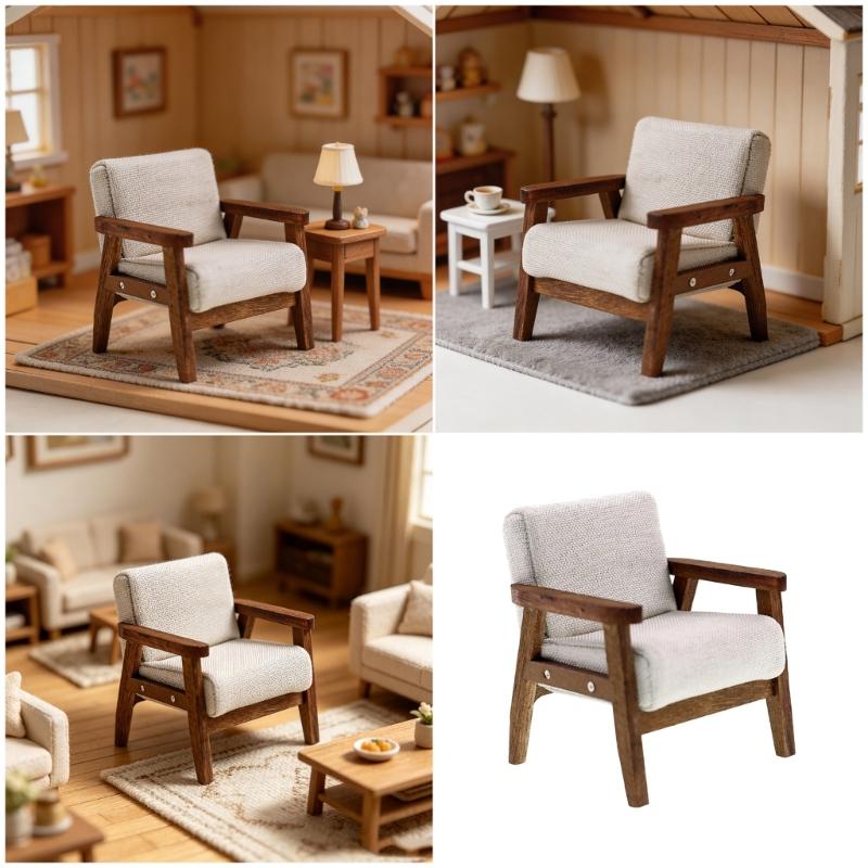 Model Home Furniture Chair 1:12 Scale Wood Frame, Padded Fabric Seat for Small Living Room Layouts and Builds Use
