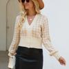Women's Short Knitted Cardigan Autumn Winter Houndstooth Jacquard Loose V-neck Lantern Sleeve Knitted Sweater Coats for Women