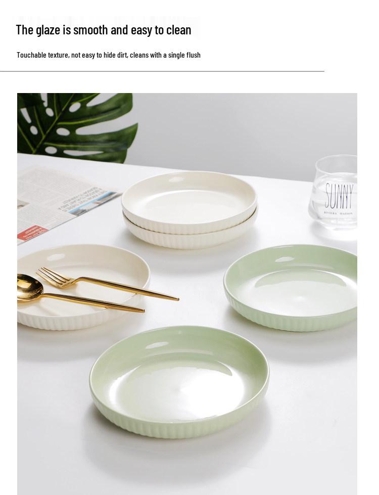 Milky White & Green Ceramic Deep Soup Plate, Microwaveable - Creative Round Tableware.
