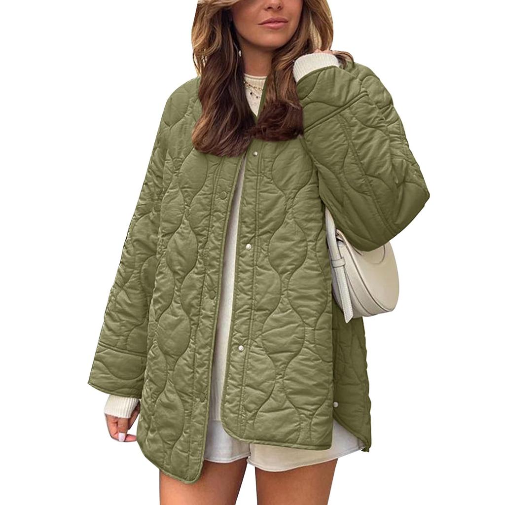 Women's Casual Crewneck Jacket With Pockets, Buttons, Solid Color And Long Sleeves