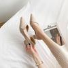 New thick heel pointed shoes side empty high heels medium heel black soft leather professional single shoes