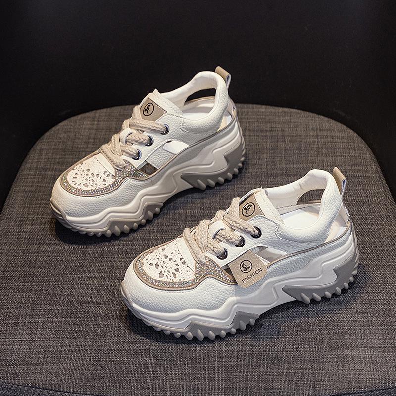 Women's Retro Thick Sole Rhinestone Leather Sandals - Summer 2025 Collection