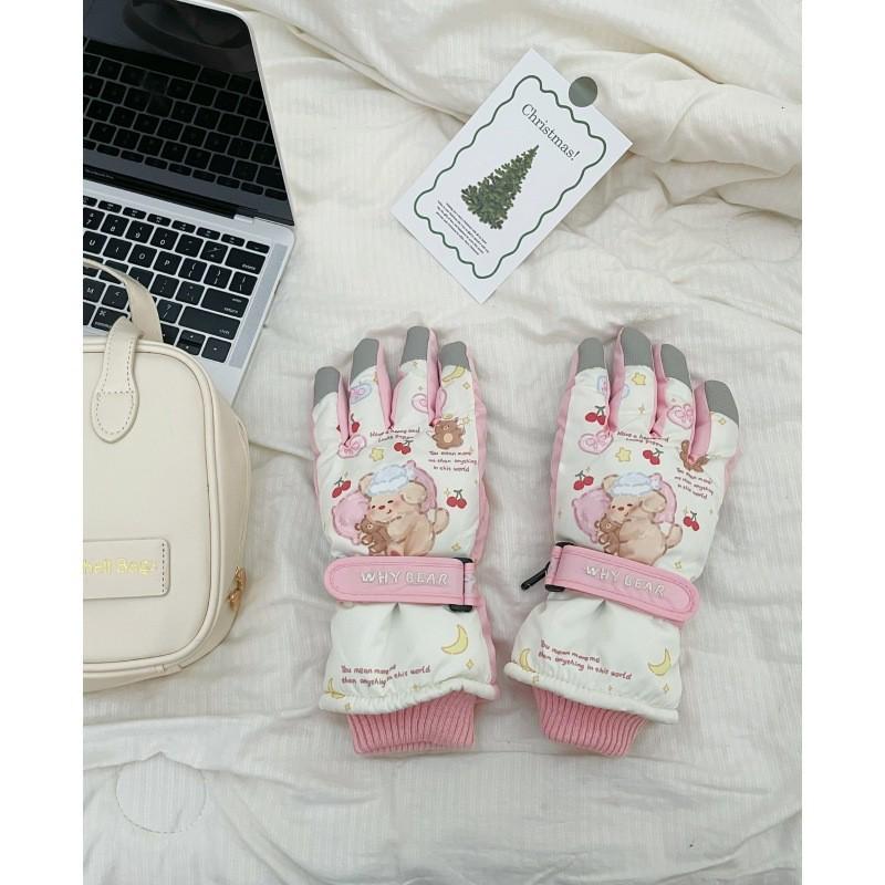 Kadın Kış Karikatür Köpekçik Kayak Eldivenleri: Dokunmatik Ekranlı, Rüzgar Geçirmez, Kadife Astarlı, Dış Mekan Sürüşü İçin Parmak Ayrık