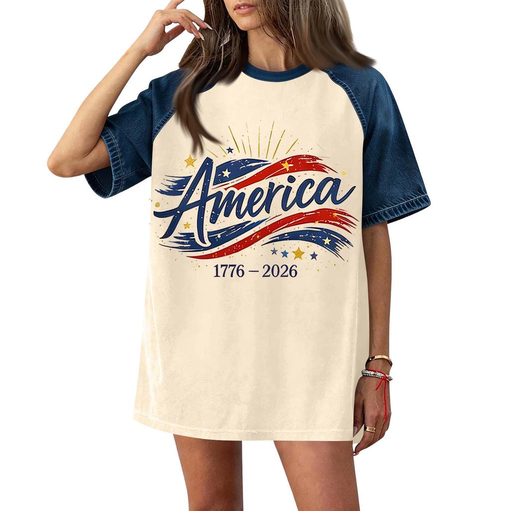Women's Casual Short Sleeve T-Shirt Denim Patchwork Top 250th Independence Day Graphic Print Comfortable Fit Relaxed Style