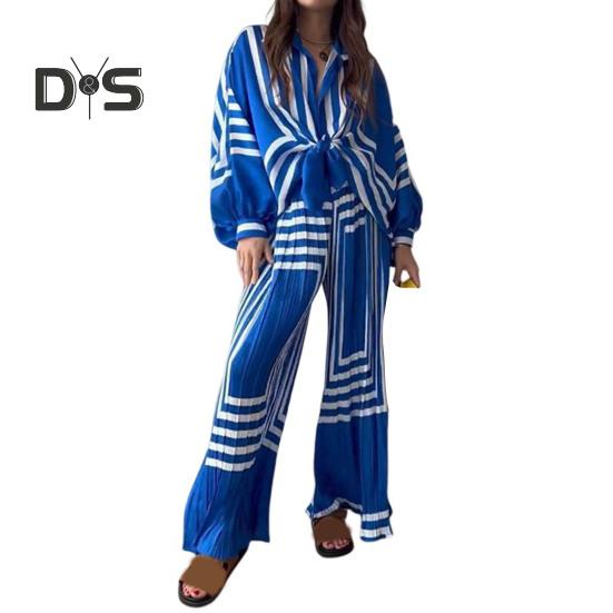 

2 шт./компл. женская плиссированная повседневная одежда в полоску с принтом и фонариком, рубашка на шнуровке с длинными рукавами, комплект с высокой талией, широкие брюки S синий