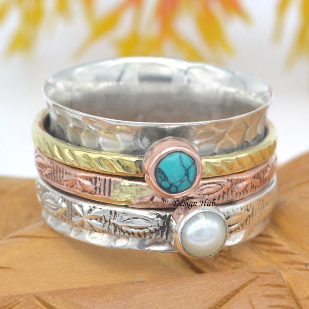 Pearl and Turquoise Gemstone Ring 925 Sterling Silver Three Tone Spinner Ring Silver Band Meditation Spinner Ring
