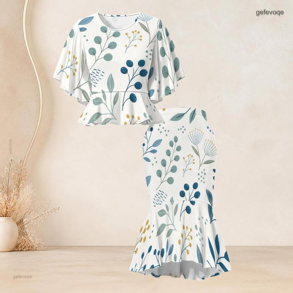Women Plus Size Two Piece Set Crewneck Batwing Sleeve Printed Ruffle Hem Top Fishtail Skirt