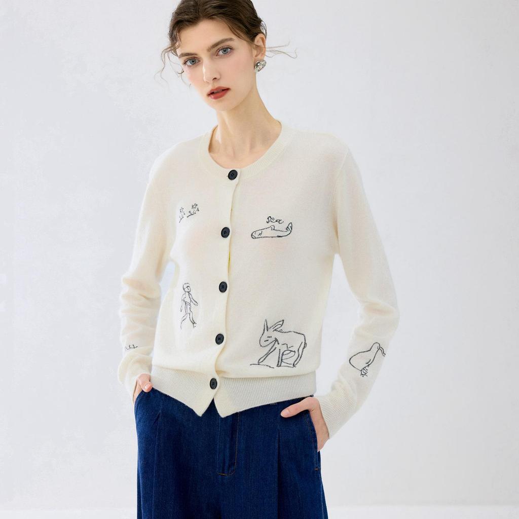 Lekasha Women's Cashmere Goat Wool Embroidered Cardigan - Loose Knitwear for Autumn/Winter