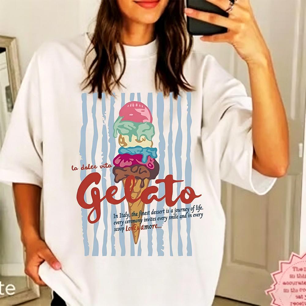 Ice Cream A  Le Dolce Vita Gelato  Print Shirt Casual Women s Graphic Tops Tees Vintage Tee Short Sleeve T-Shirt Female Clothes S белый