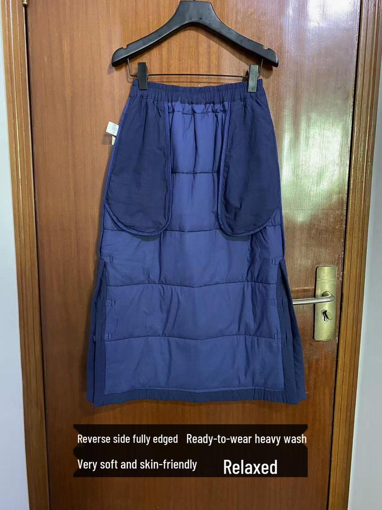 Autumn/Winter Navy Blue Quilted Cotton Midi Skirt - Plus Size, Slimming, Versatile, Chinese-Inspired, Intellectual Style