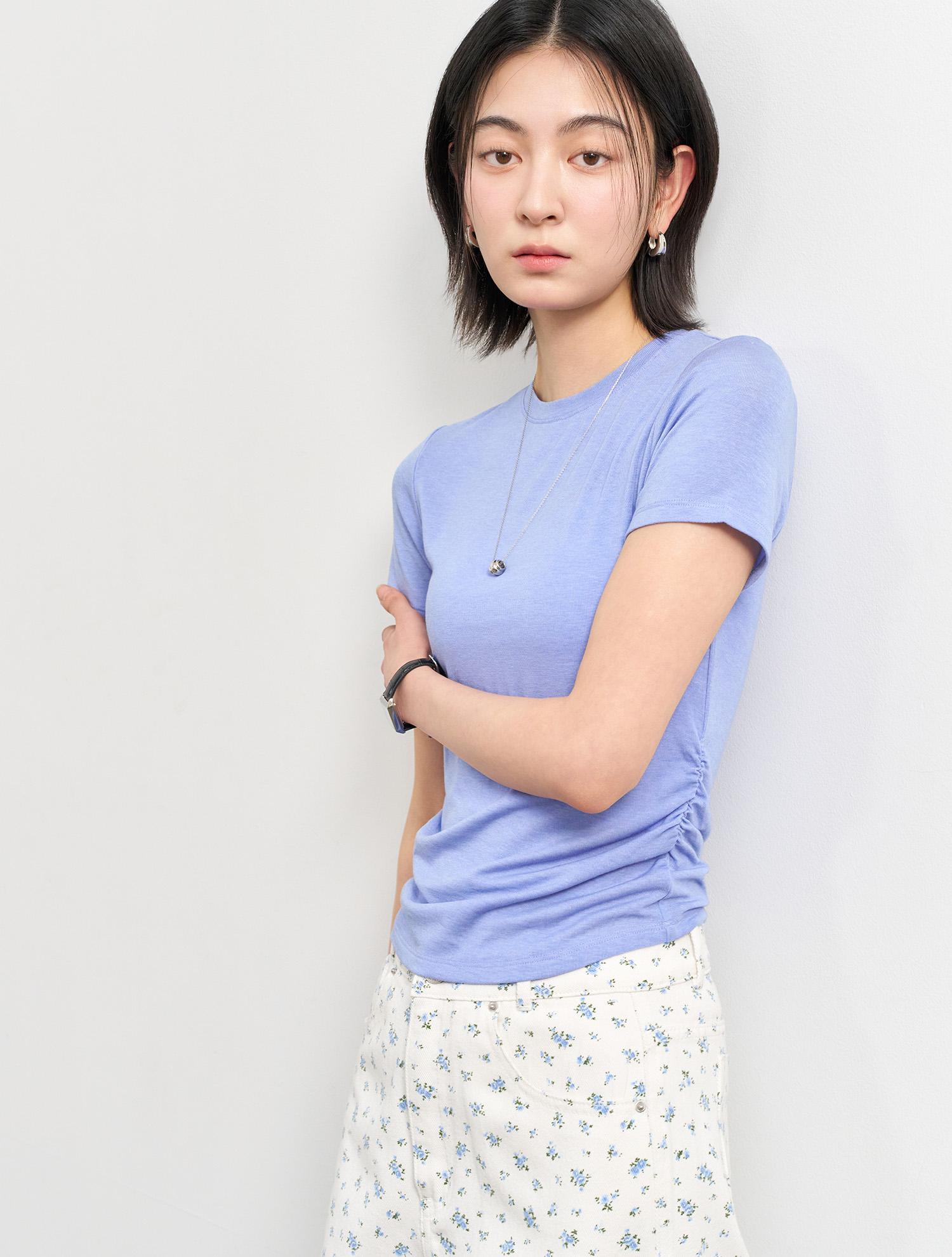 General Idea Acetate Crew Neck Shirred Short Sleeve Tee [Sky Blue] / Wbe2L01531 Sky Blue/L