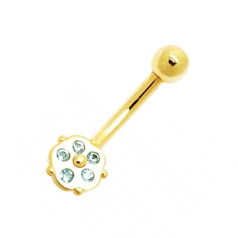 14K Gold Jeweled Tiny Flower Banana Bar Navel Ring - Quality Heart