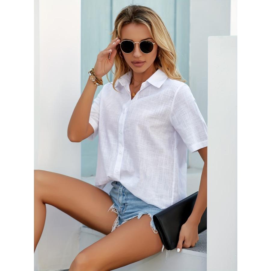 Fashion Bamboo Style Cotton Shirt Women's Short Sleeved Shirts Casual Lapel Neck Top Soft and Comfortable Blouse