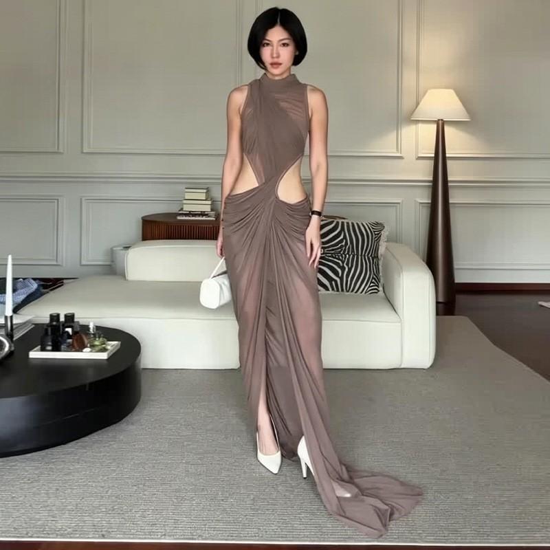 2026 Womens Sleeveless Wrap Waist-Exposed Elegant Khaki Maxi Dress Slim Fit XS хаки