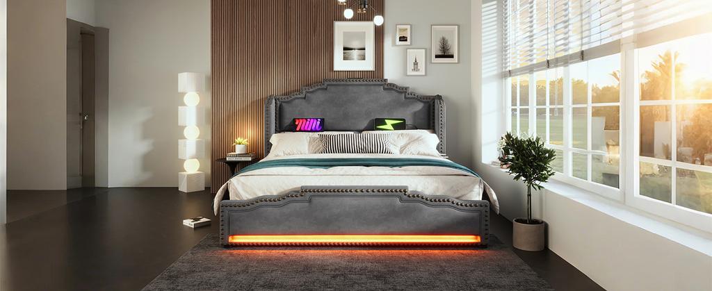Upholstered Bed 180×200, Double with 4 Drawers, LED Lighting and USB-C Charging, Storage and Youth with Slatted Frame, Velvet, Grey, without Mattress