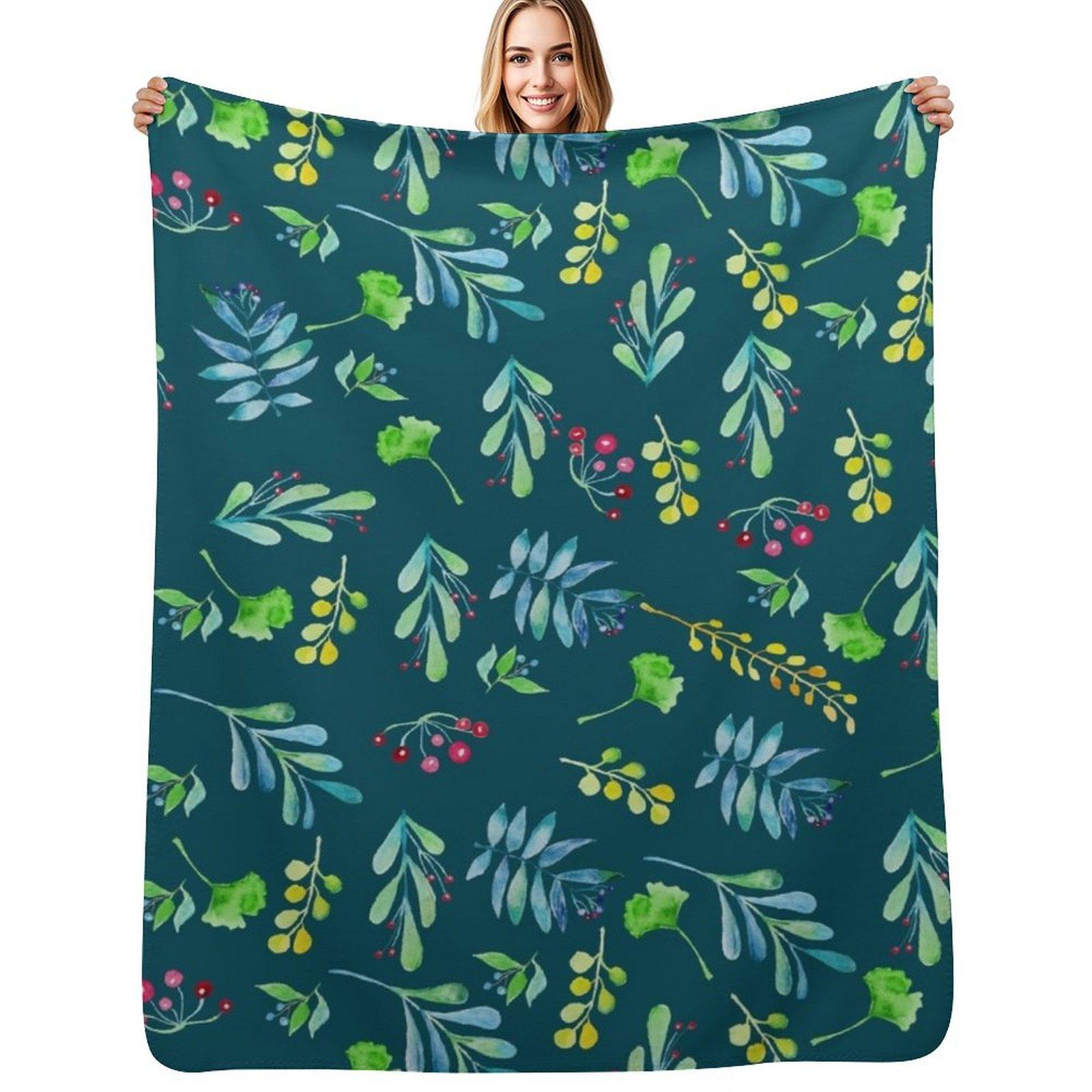 Green and Blue Watercolor Flowers & Leaves Pattern Throw Blanket Soft Solid Color Blanket for Couch Bed Size: 75*100cm, Weight: 230 GSM
