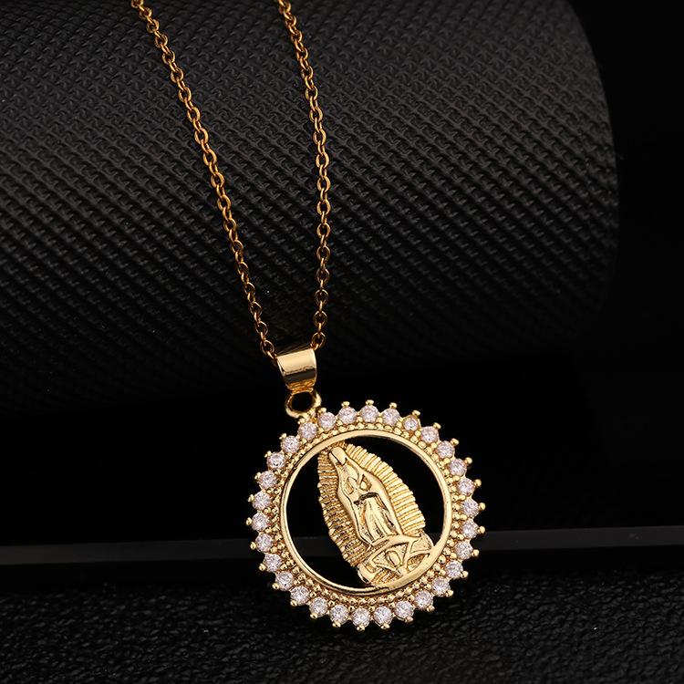

Virgin Mary necklace set with diamonds, colored zircon gold chain jewelry, hip-hop pendant