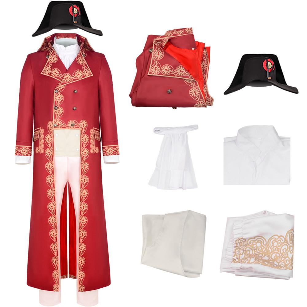 2023 Napoleon Cosplay Costume Retro Medieval Court Vintage Polyester Red Coat Hat For Halloween