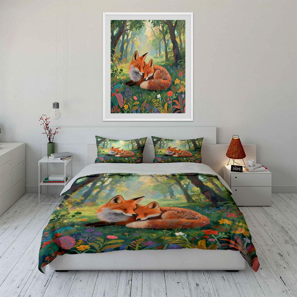 Warm foxes cuddling in forest Print Soft Comfortable Duvet Cover Bedding Set Included 1*Duvet Cover 2*Pillowcases Luxury gifts