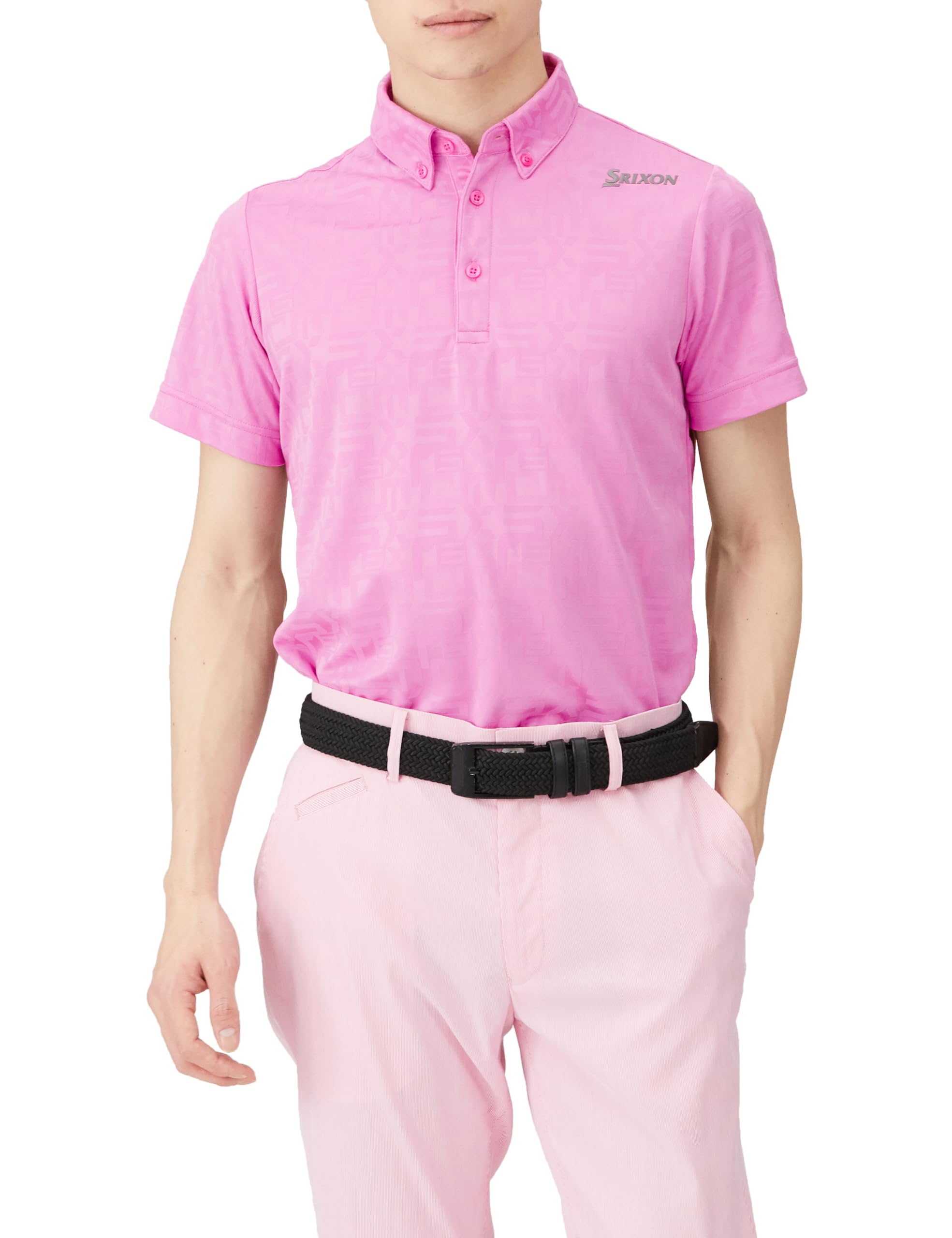 

Рубашка с коротким рукавом, узор по всей поверхности, жаккард, впитывающий пот, быстросохнущий, с защитой от ультрафиолета UPF15, эластичная, для гольфа RGMXJA04 PK00 [SRIXON] для мужчин (розовый)