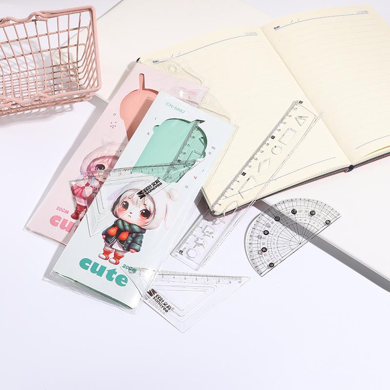 Cartoon Stationery Set: 4-Piece 20cm Ruler, Triangle Ruler, Cute Multi-Functional Protractor for Students