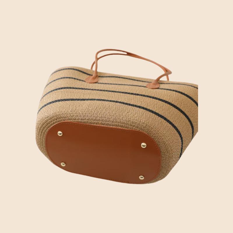 Women's Cowhide Woven Straw Tote - Large Capacity Summer Beach Bucket Bag