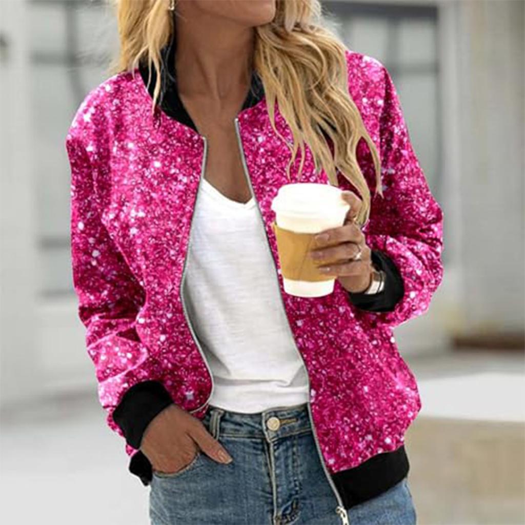Women's Fashion Long Sleeve Sequin Print Round Neck Zip Jacket