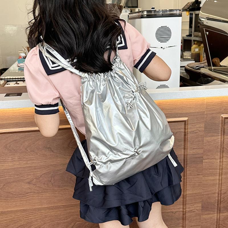 New Silvery Drawstring Double Shoulder Bag Women's Korean Lazy Tote Backpack Lightweight Easy-to-Carry Outdoor Sports Backpack AVE