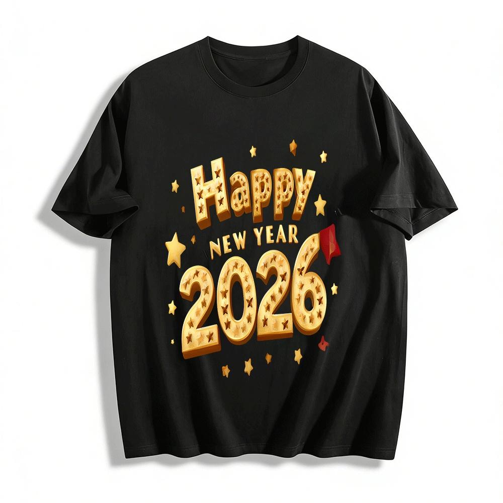 

2026 Happy Year Gold Star Print Casual Loose Fit Top Pure cotton T-shirt XXS