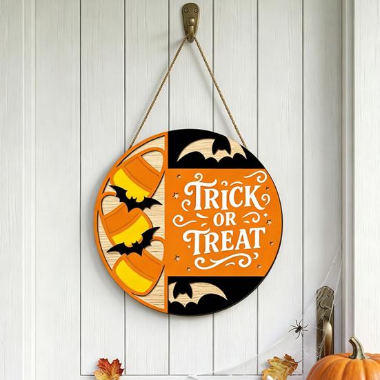 Seasonal Hanging Sign Halloween Trick or Treat Wooden Door Sign, Retro Round Bat Silhouette Atmosphere Prop Plaque for Home Front Wall &