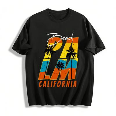 Retro Palm Beach Print Casual T-Shirt California Style Pure Cotton T-shirt