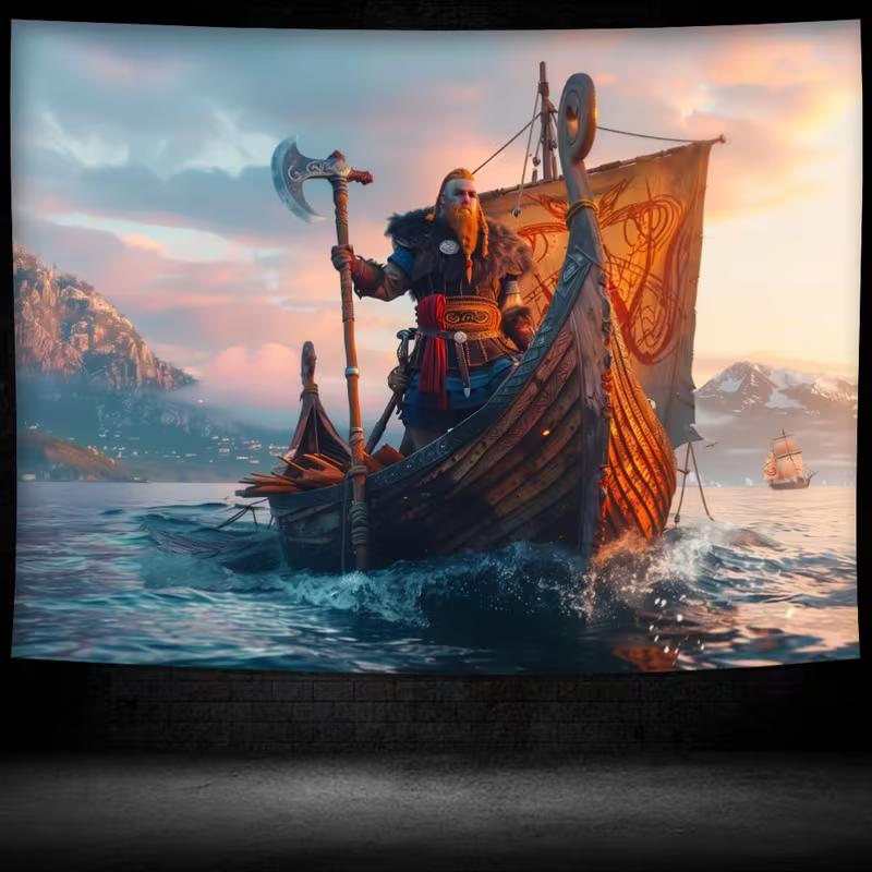 2D Wikingerkrieger Wandteppich, Langschiff am Meer Wandkunst für Heimdekoration