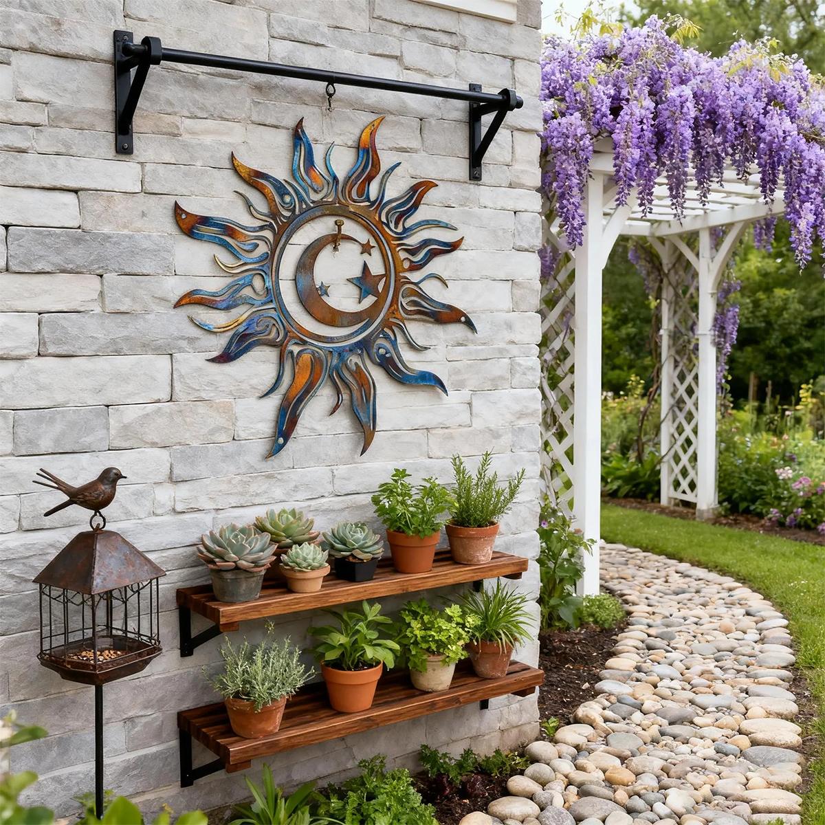 

1Pc Quirky Sun Outdoor Iron Art Wall Decor, Unique Patio and Garden Decoration, Fantasy Spiral Sun, Sun with Moon and Stars, Metal Decoration