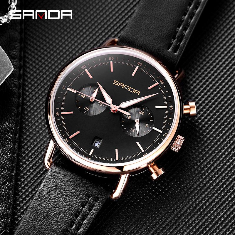 Sanda 1033 Men's Quartz Watch: Trendy Design with Leather Strap & Small Seconds Hand