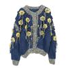 Cozy Color Block Tassel Sweater with 3D Flower Knit Design