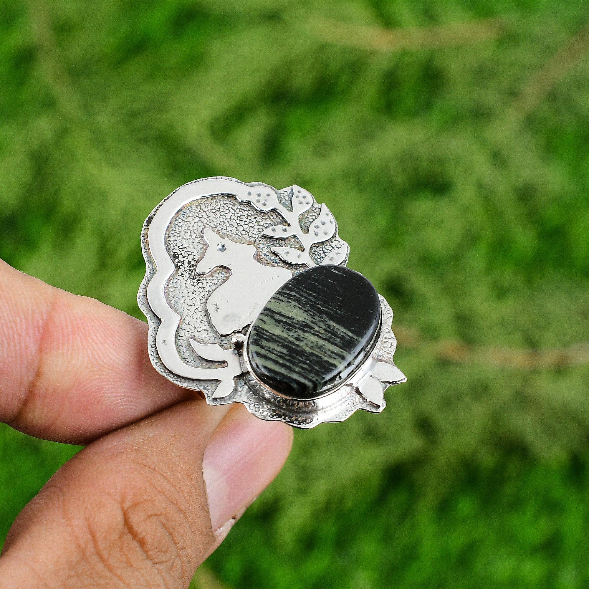 

925 Sterling Silver Natural Silver Leaf Jasper Promise Mother Boho Ring Jewelry Adjustable