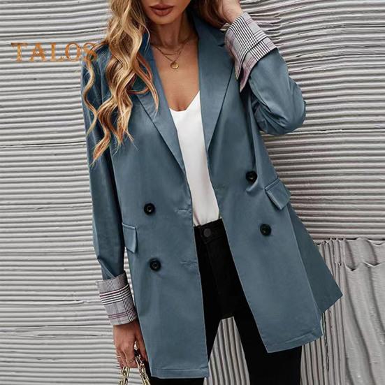 Women Suit Coat Lapel Long Sleeve Striped Cuffs Suit Jacket with Flap Pockets Solid Color Loose Fit Double Breasted Business Outwear