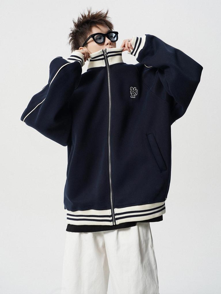 Pánská retro vysokoškolská pruhovaná baseballová bunda - Zimní fleecem podšitý vyšívaný svrchní oděv