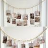 Unique Wooden Bead Hanging Photo Display Frame - Decorative Chic Collage Picture Holder with Clips and Garland