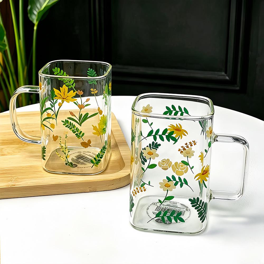 Blue Lotus Large Capacity Glass Mug for Girls - Perfect for Breakfast & Home Drinking