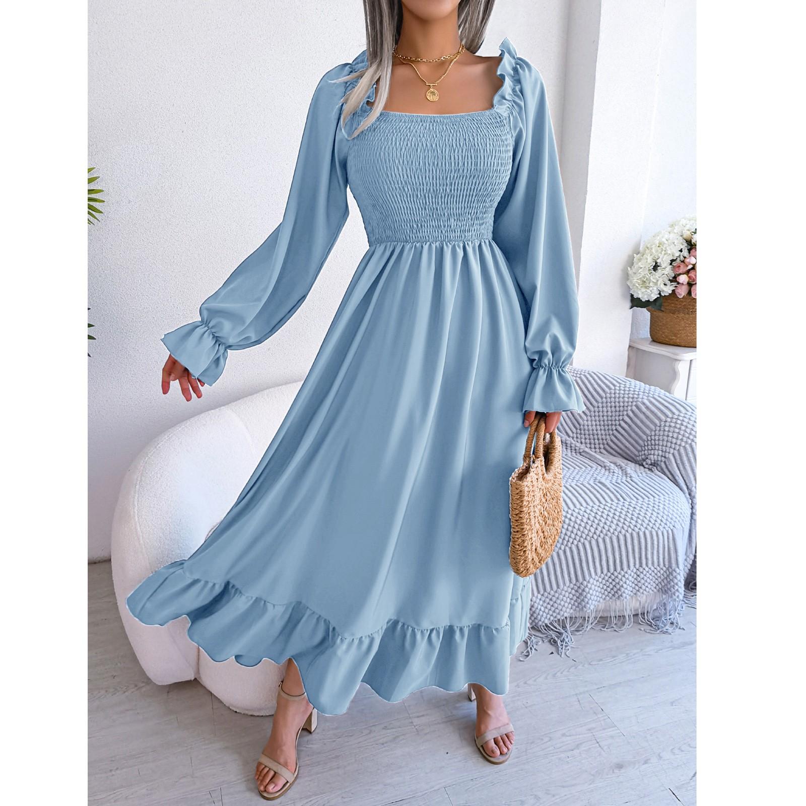 

Женское Повседневное Платье-Юбка с Квадратным Вырезом, Разноцветное, С Расклешенными Рукавами, Большой Крой, Длинное, с Оборчатым Краем S