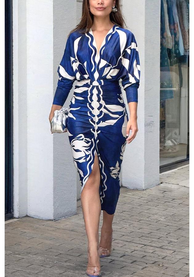 

European & American Women s Sexy V-neck Long Sleeve Slit Dress, 2025 Collection Medium синий