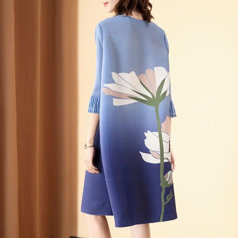 Dresses for Women New Fashion Commuter Speaker Sleeve Pleated Dress Summer Temperament Age-age Printing Loose Thin Skirt