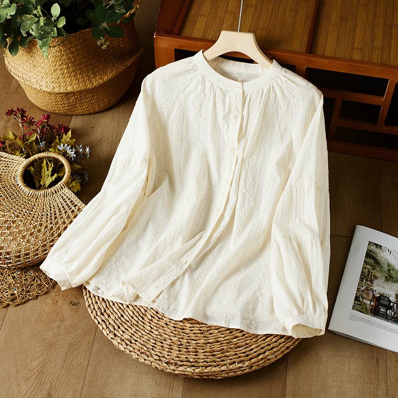 

Embroidered Lantern Sleeve Cotton-Linen Jacket with Stand Collar - Plus Size, Forest Style XXL абрикосовый