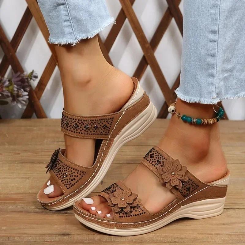 2025 Summer Women Wedge Sandals Premium Orthopedic Open Toe Sandals Vintage Anti-slip Leather Casual Female Platform Retro Shoes