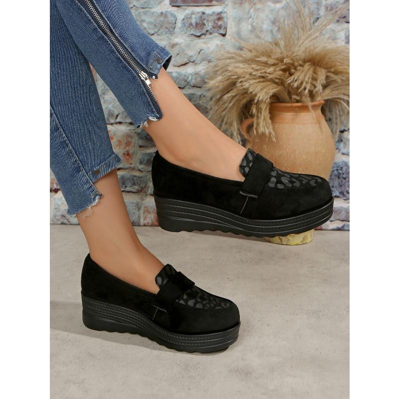 Leopard Wedge Loafers Women's New Suede Plus-size Platform Shoes for Autumn 2025