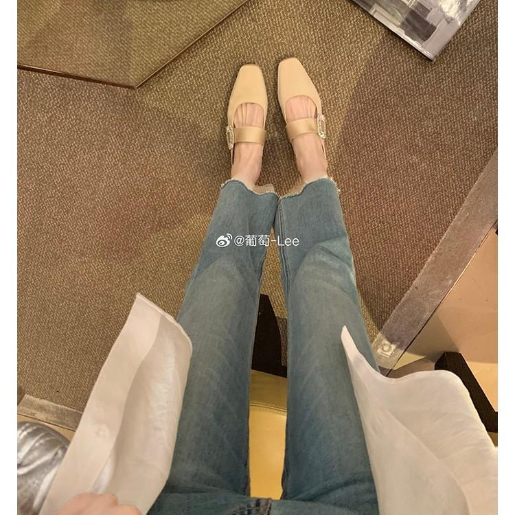 ~ Manor Lady~ Sparkling Diamond Buckle Small Square Head Width Word with Low Heel Temperament Half Drag