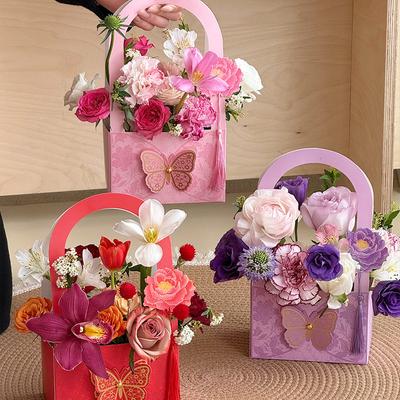 3Pcs/Set Handheld Gift Bag Foldable Wedding Party Decoration Valentine's Day Carton Flower Basket Packaging Butterfly Flower Box